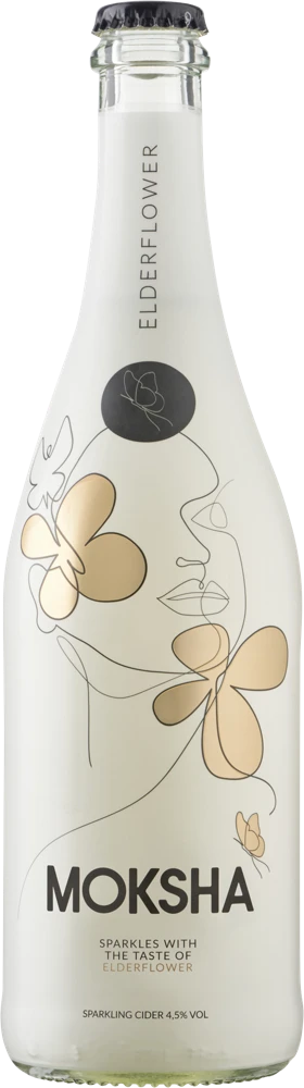 Moksha Elderflower 750 ml bottle, with ivory and gold floral artwork